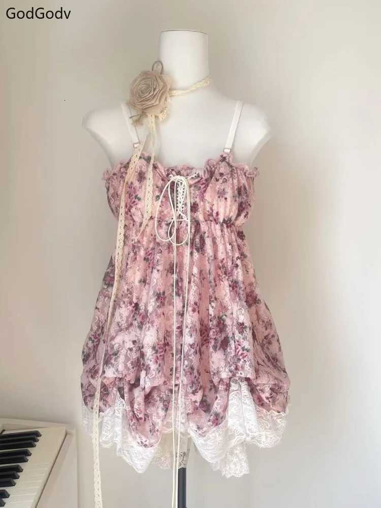2025 Summer Y2k Womens Dress Female Floral Lace Vintage Fairy Sleeveless High Waist Elegant French Sweet One-Piece Dress Party R250716