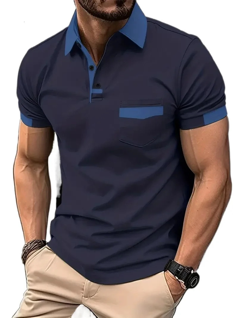 Summer Mens Short Sleeve T Shirts Solid Color Polo Shirt Breathable Loose Basic Shirts for Men Lightweight Tops with Pockets 250715