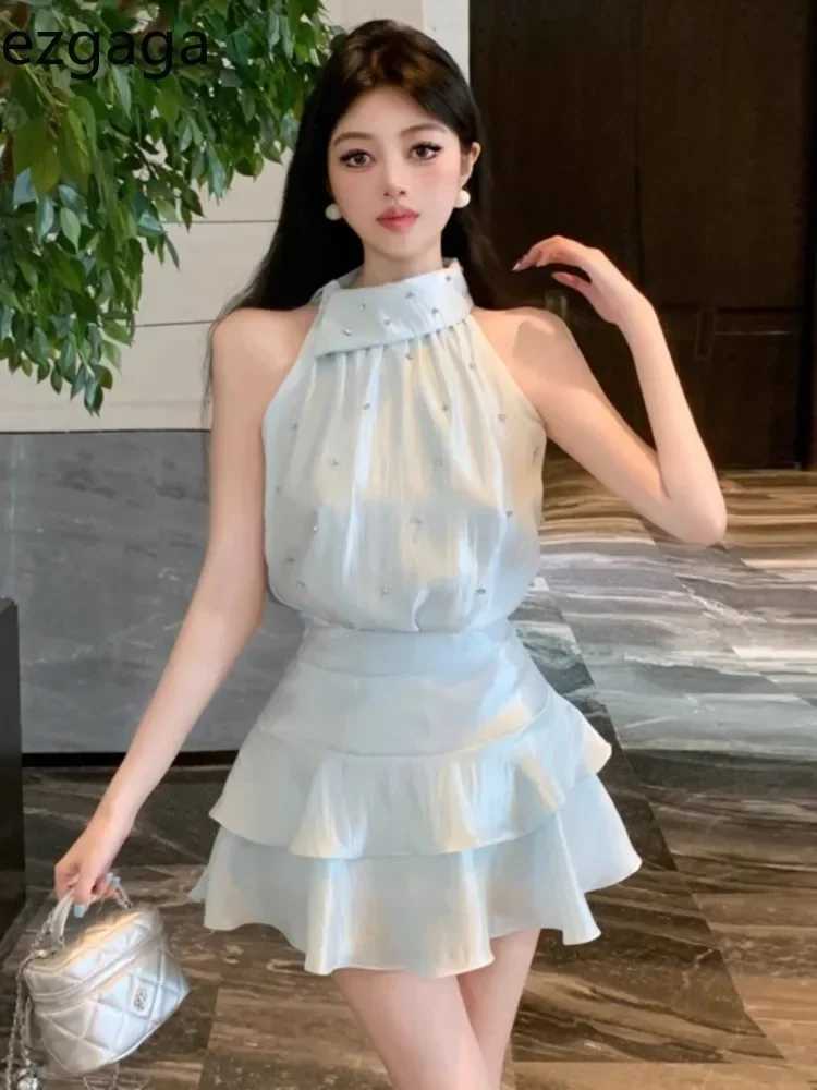 Ezgaga Woman Two Piece Set Sexy Elegant Crop Tank Tops Rhinestone Camis Slim Mini Skirts Summer Fashion Ladies Suits Chic R250716