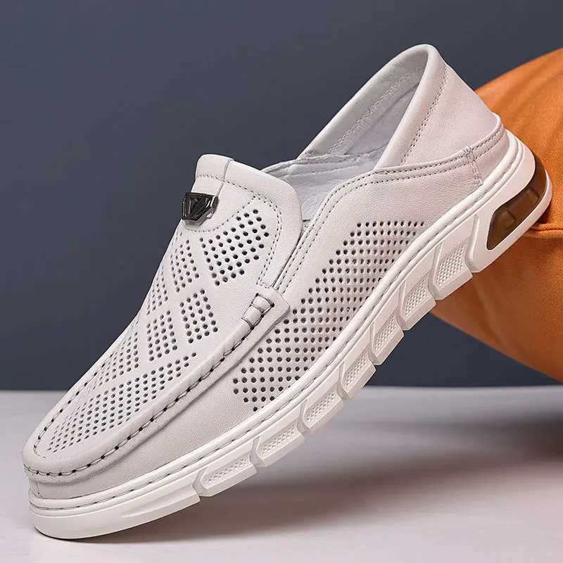 Italian Summer Hollow Shoes Men Casual Luxury Brand Genuine Leather Loafers Men Breathable Boat Shoes Slip On Moccasins W250716