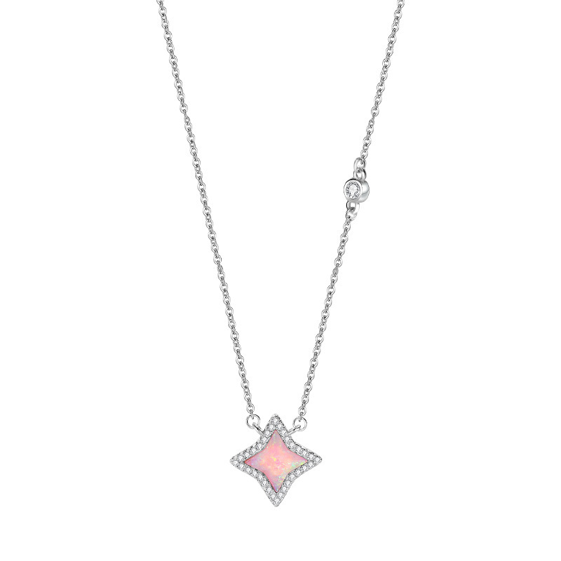 Elegant Silver - Toned Rhombus - Shaped Pink Opal Necklace With Rhinestone Halo And Chain Accents Dainty Sparkle For Everyday & Events High - Quality 