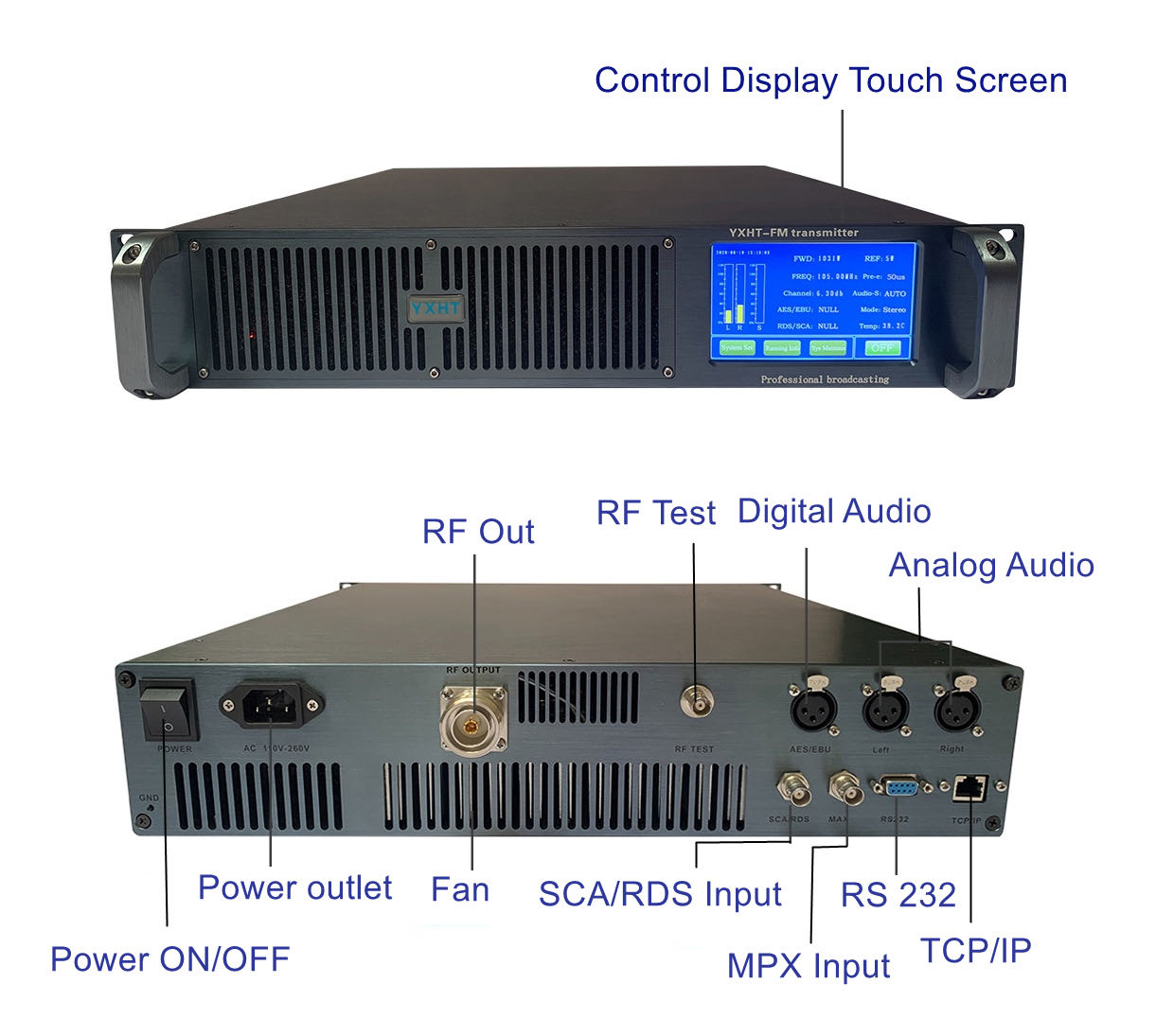600W FM Transmitter Compatible with 110/220V, Touch Screen, for Church/Community & Mobile Communication Base Stations, AES Inputs & Low Noise
