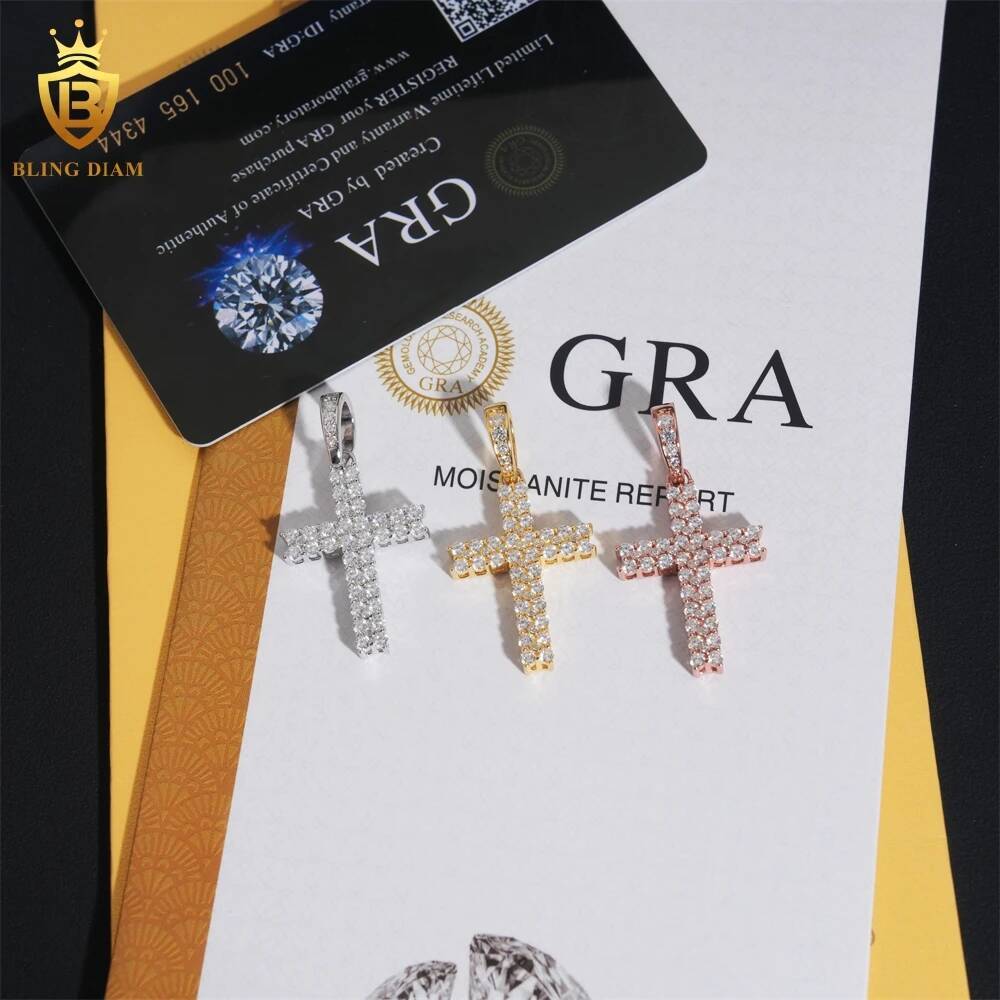 Double Row Moissanite Cross Pendant 925 Silver Hip Hop Jewelry Suitable for 4mm Tennis Chain