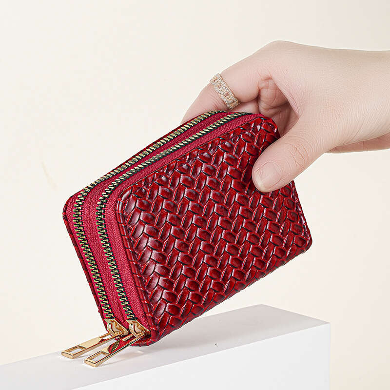 Patent Leather Wallet for Women Short Double Zipper Coin Purse with Woven Design and Accordion Card Holder