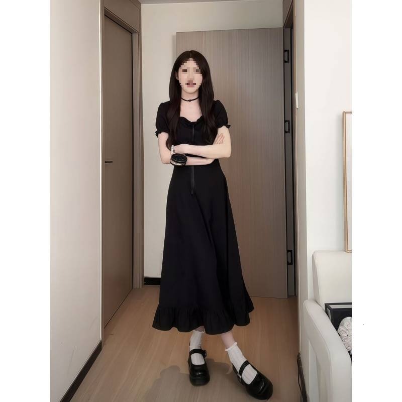 2025 One Dress Four Styles Short Sleeve Waist Slimming Ruffle Long Thin Black Tomato Red Commuting