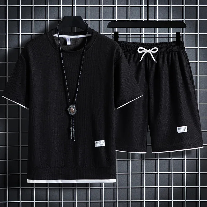 Mens Waffle Summer Suit Casual T-shirt Shorts Suit Mens Tracksuit Solid color tracksuit loose suit 250715