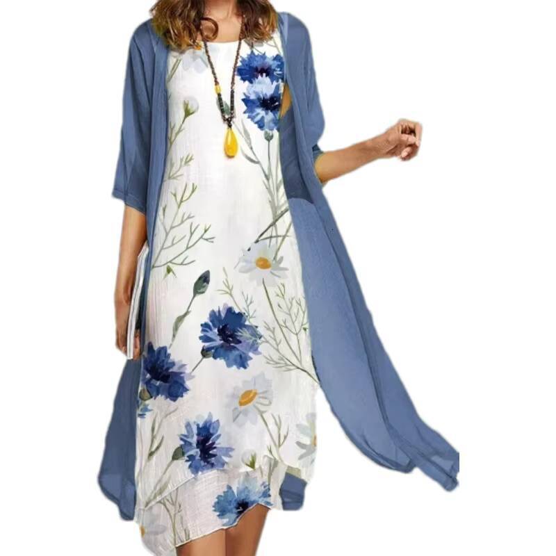 2024 Europe and the United States summer new womens casual two-piece set of printed round neck slim dress women dongdumaoyi