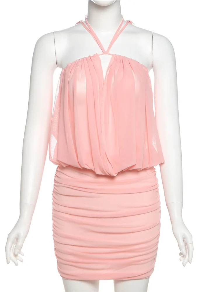 Weird Puss Sexy Mesh Dress Women Elegant Backless Ruched Draping Summer Strapless Summer Beach Vacation Midnight Party Bodycon 250715