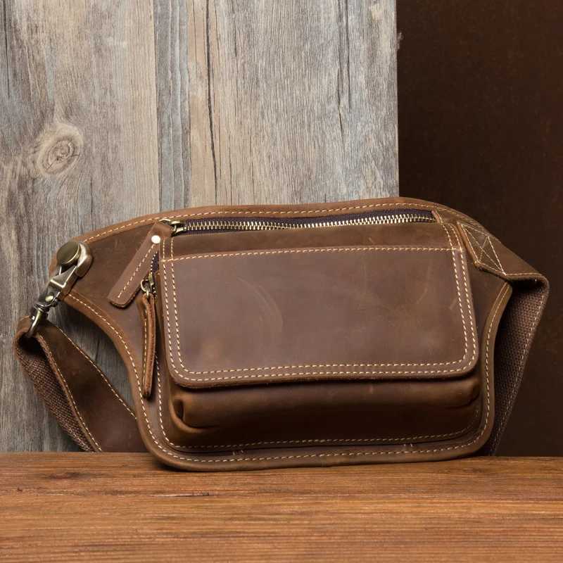 Mens genuine leather bag multi-functional crossbody waist bag for casual sports