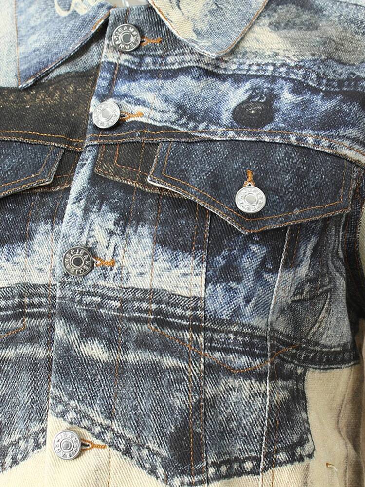Blue Printed Big Size Casual Denim Jacket New Lapel Long Sleeve Women Coat Fashion Tide Spring Autumn 2025 7Ab4540