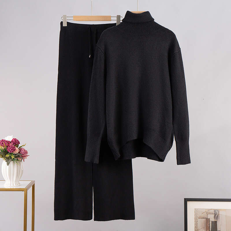 Solid Color Turtleneck + Wide-Leg Pants Knitted Two-Piece Set Winter Versatile Loose Sweater Outfit B5