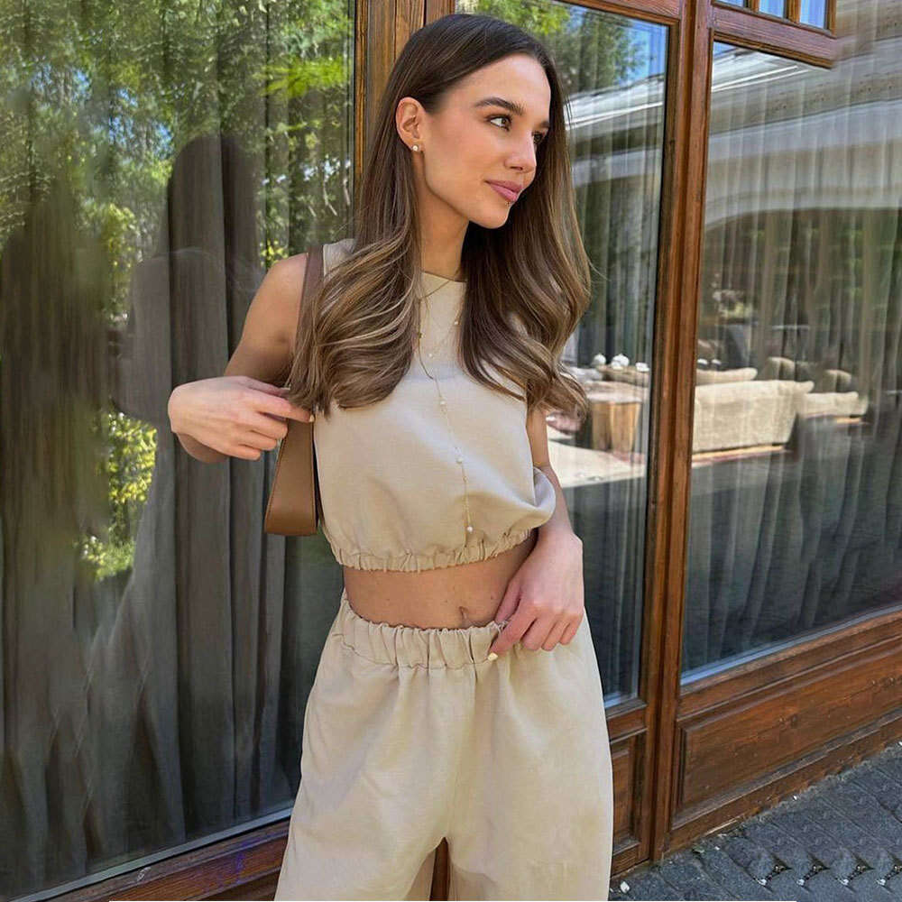 Summer Cotton Linen Short Sleeveless Elastic Waist Exposed Top + Long Pants With Slits Two-Piece Set B5