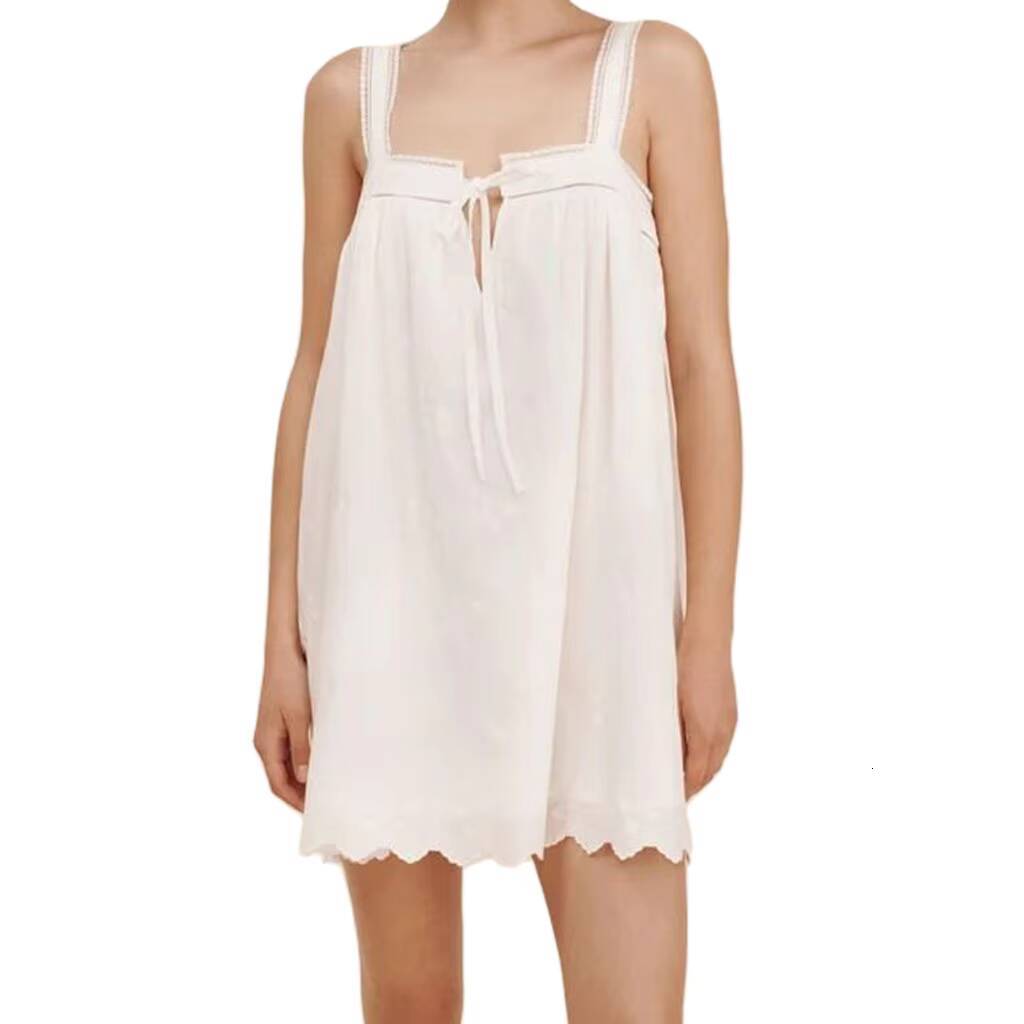 Combhasaki Women Summer Chic Fairy Y2K Front Bow Tie Hollow Out Flower Lace Irregular Hem Sleeveless Loose Short Mini Tank Dress dongdumaoyi