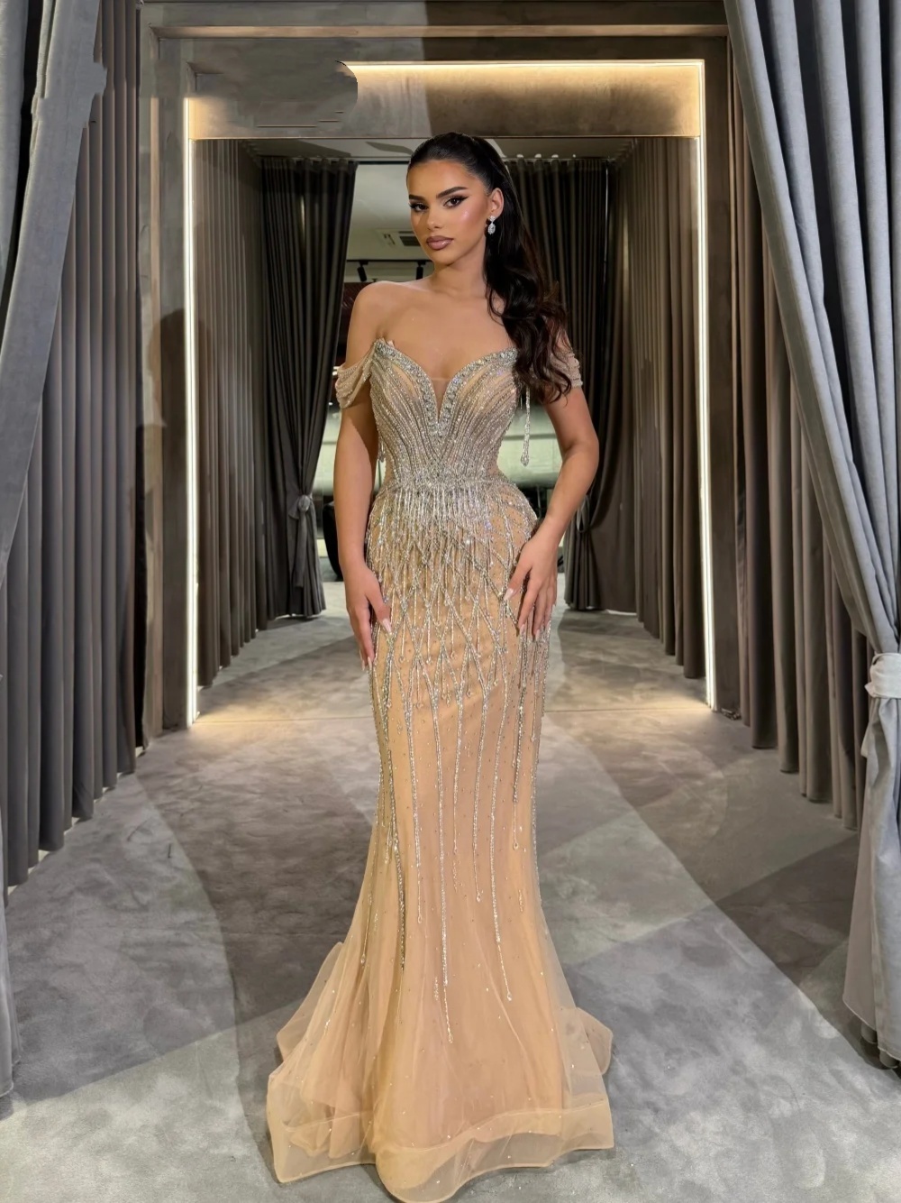 Exquisite Beading Mermaid Evening Dress Off Shoulder Sleeveless Beaded Prom Gowns Sexy Floor Length Formal Dresses Customized