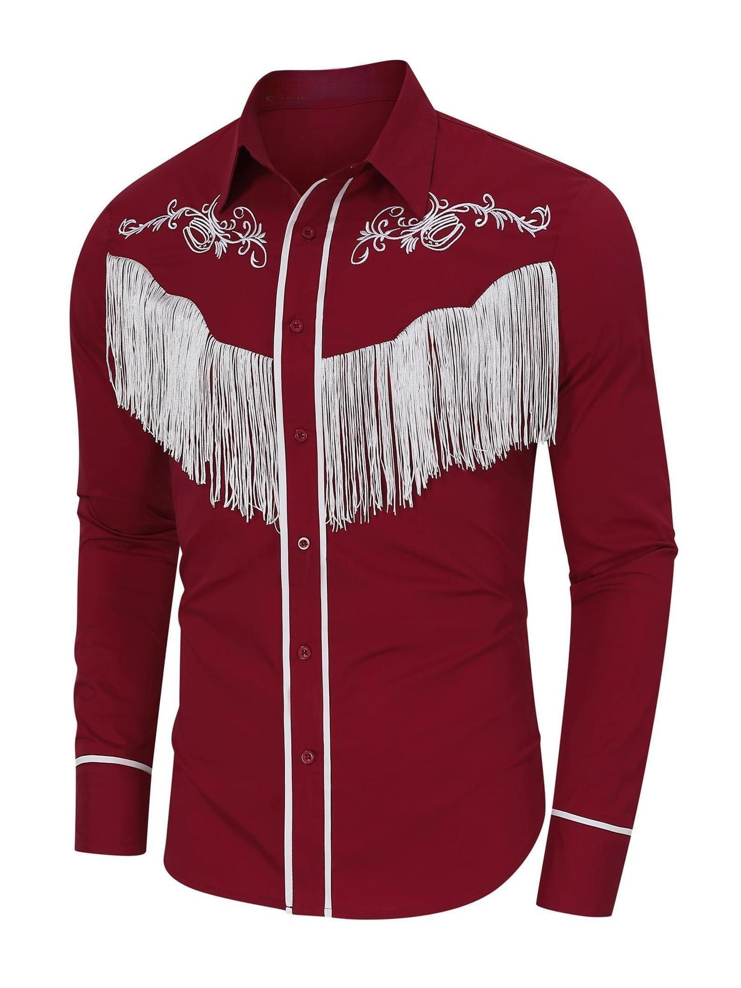 2025 Autumn/Winter American Men's Western Cowboy Tassel Embroidered Flower Shirt Long Sleeve Pure Cotton Cardigan