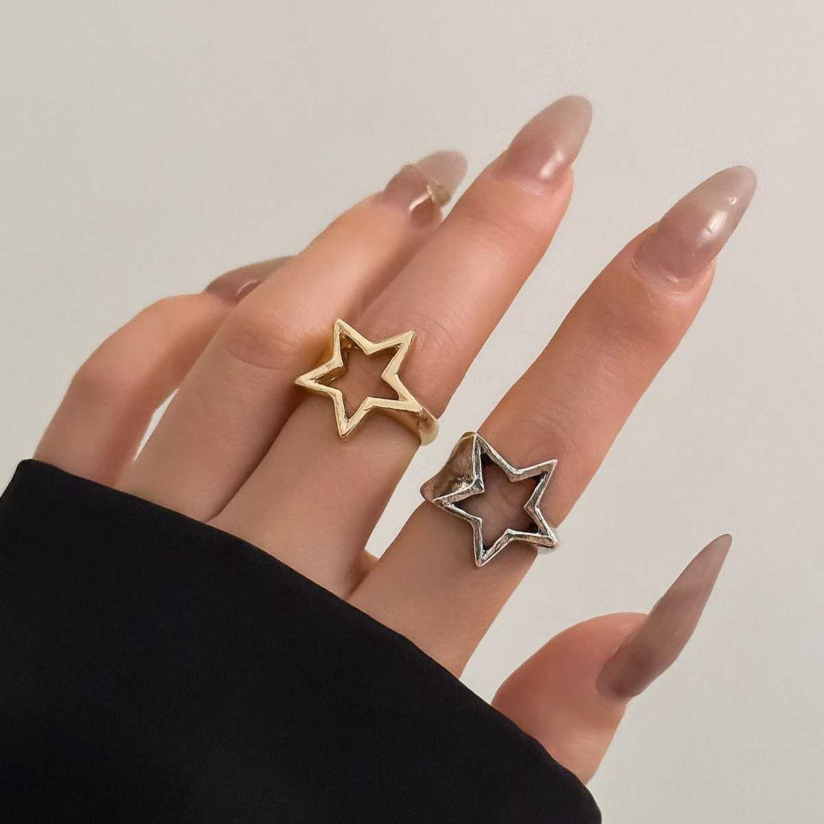 New Punk Hollow Out Thick Geometric Star Open Ring for Women Men Minimalist Silver Color Ring Party Hip Hop Jewelry S250716