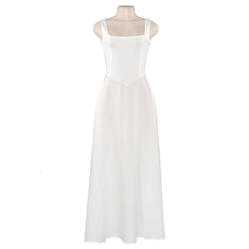 White Sleeveless Suspnder Long For Women Square Collar Fashion High Waist Sexy A-line Splice Elegant Dress dongdumaoyi