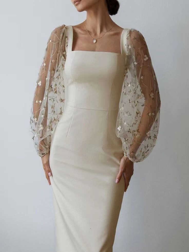 2025 GY2199 European and American Cross-Border Simple Elegant Embroidered Patchwork Bodycon Dress