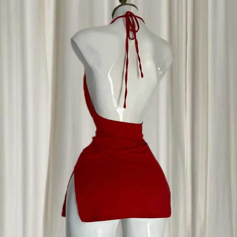 2K European and American Fashion Split Halter Neck V-neck Suspender Halter Evening Dress Sexy Suspender Nightgown Split Skirt R250716