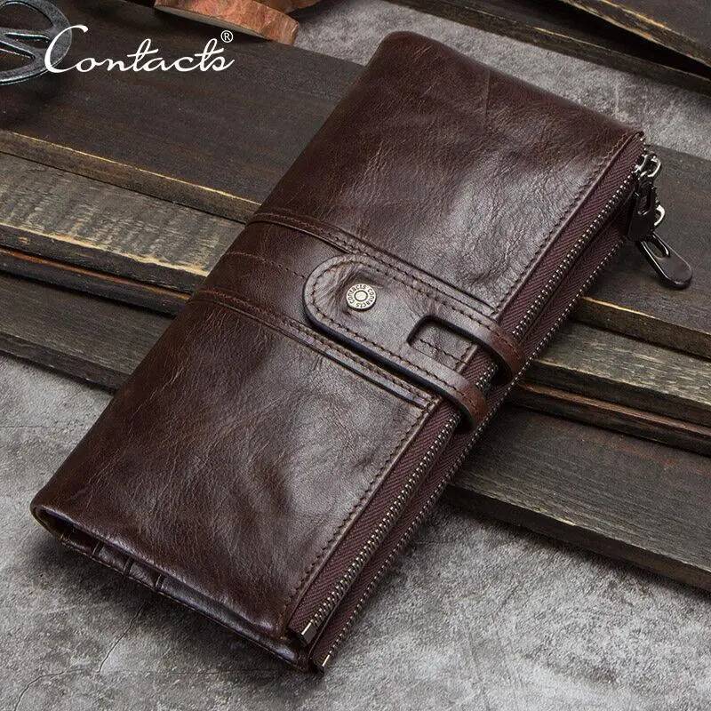 Contact's Men Clutch Genuine Leather Long Wallet Hasp Card Holder Vintage Male Zipper Coin Purse Money Bag Portemonnee