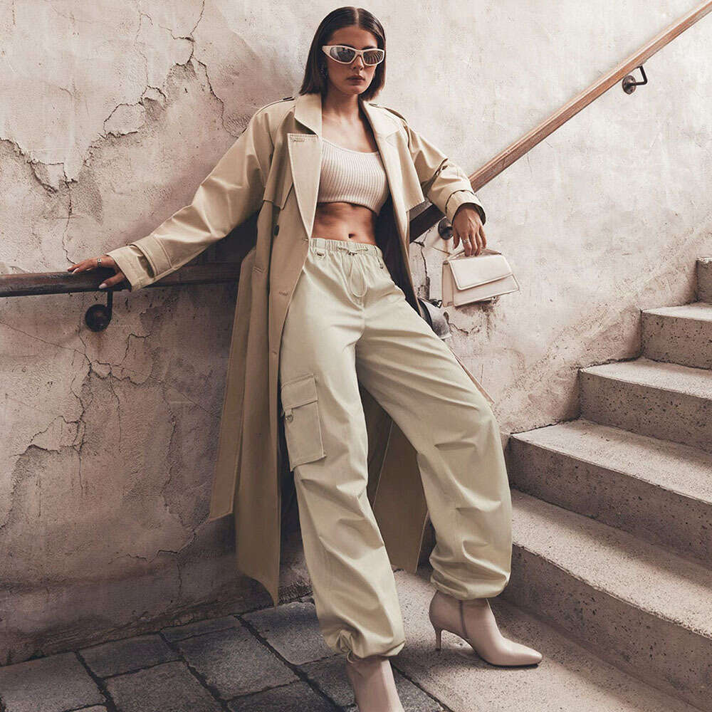 Spring Summer Women Comfortable Casual Unisex Drawstring Large Pocket Wide Leg Cargo Pants B5