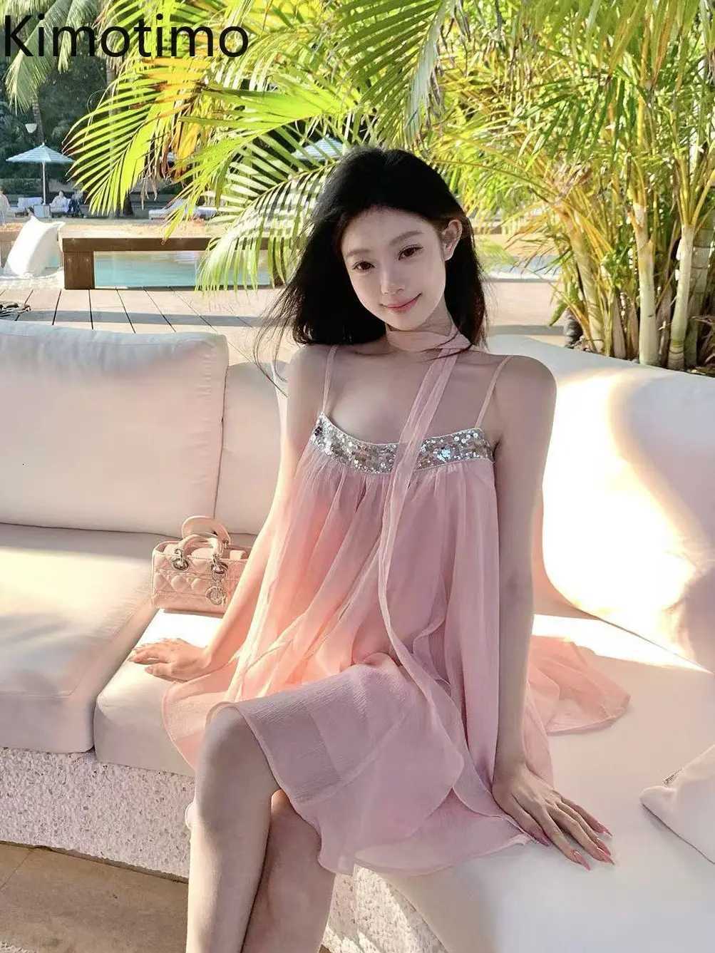 Kimotimo Luxury Sequin Suspender Ruffle Party Dress Women 2025 Summer Fairy Beach Vacation Backless Sleeveless Mini Dresses R250716