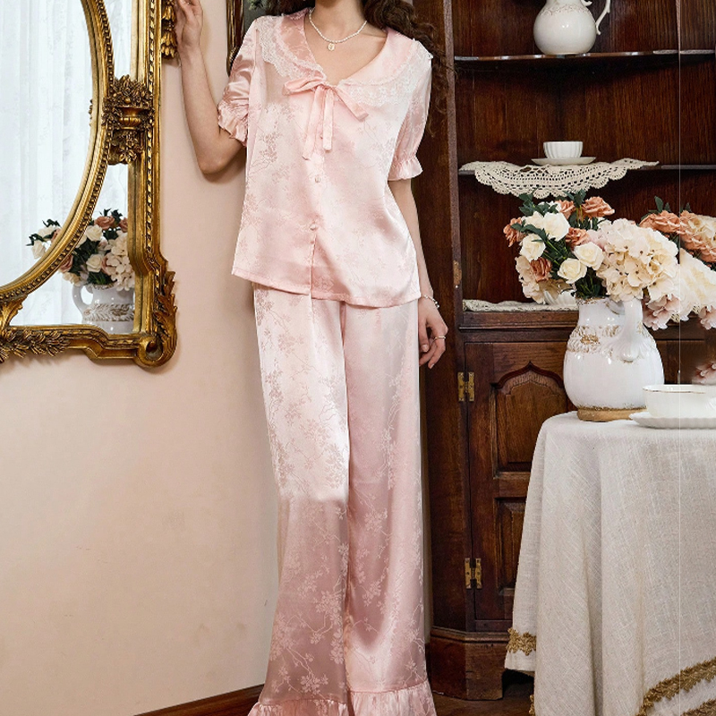 2025 New Women's Spring/Summer Silk Satin Lace Trim Bow Short Sleeve Long Pants Pajama Set Homewear