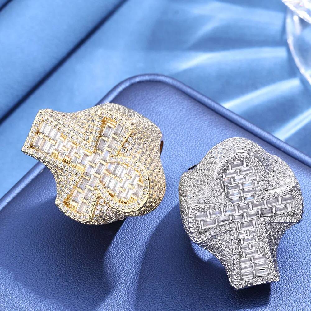 HHIOK Mixed Diamond Set Ankh Cross Ring Hip Hop Style Sparkling Fully Iced Cuban Ring Jewelry for Men
