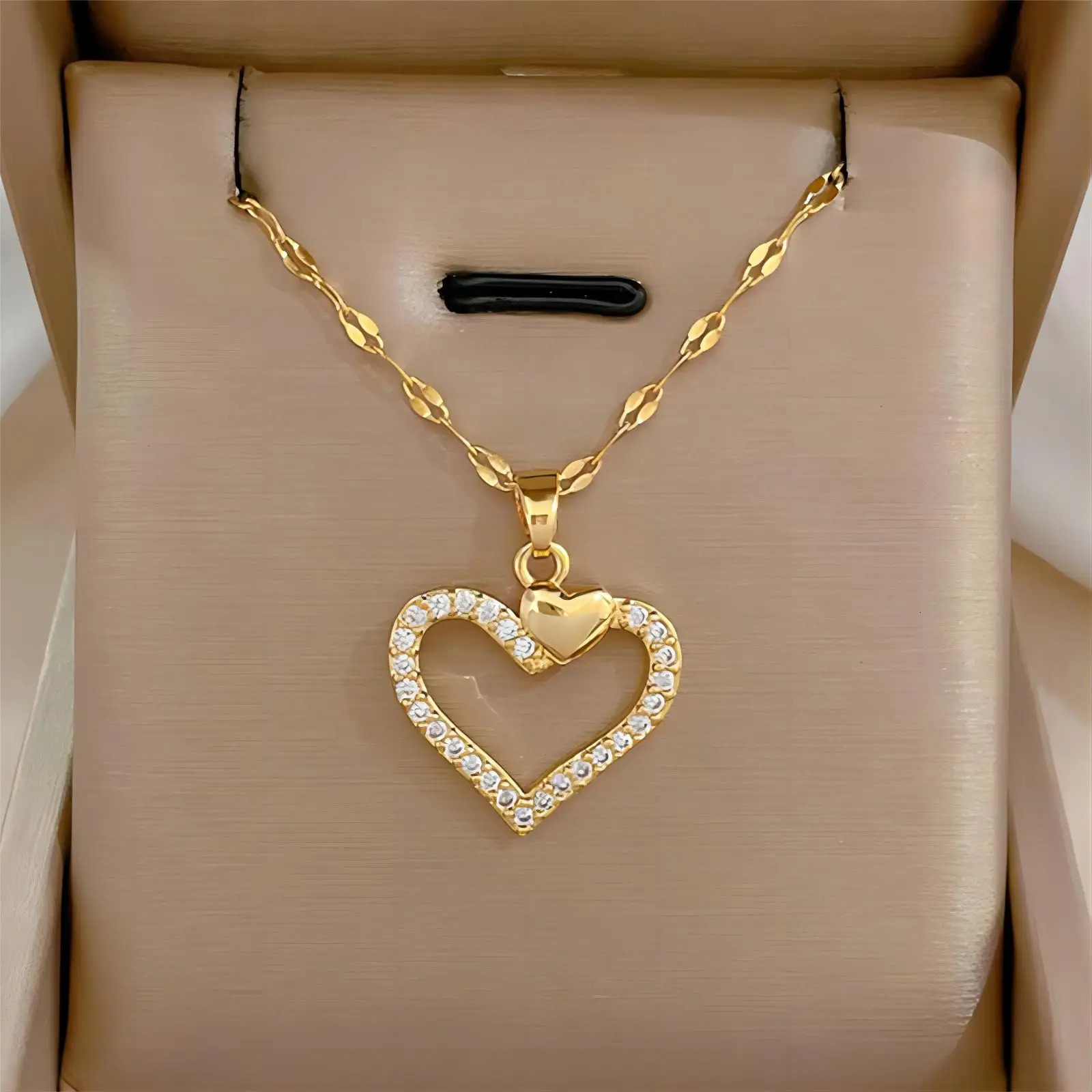 Trendy Heart Stainless Steel Zirconia Necklaces For Women Girls Love Gold Color Metal Necklace Party Birthday Daily Jewelry 250805