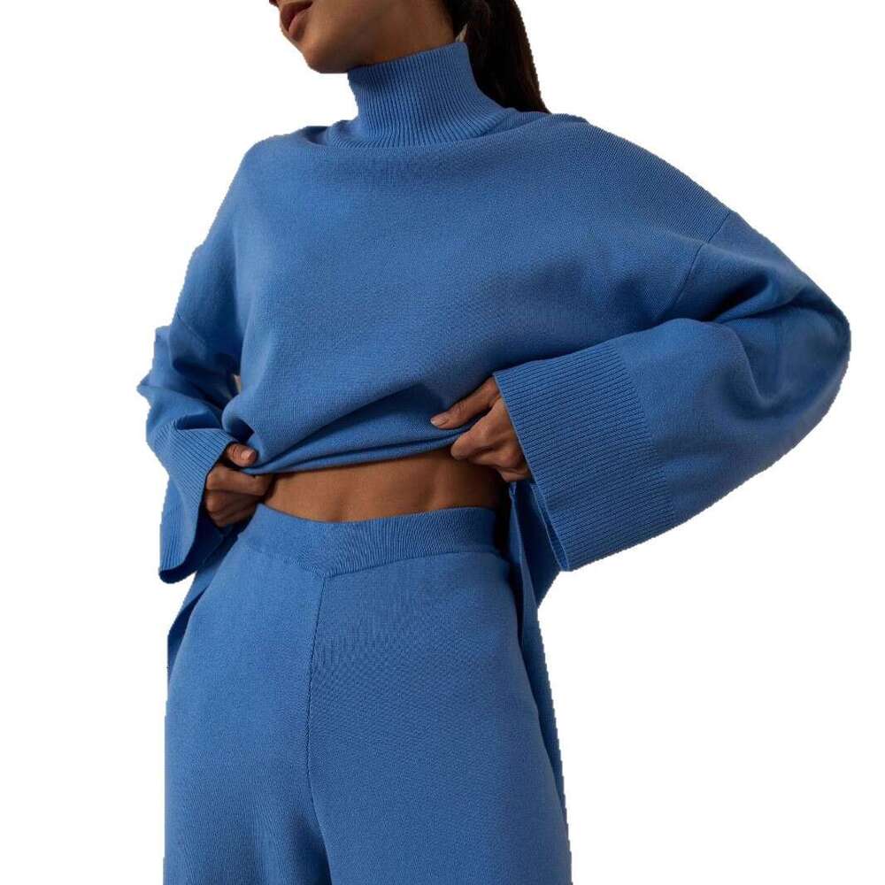 Half Turtleneck Ins Irregular Slanted Sweater + Knitted Wide-Leg Pants Two-Piece Set B5