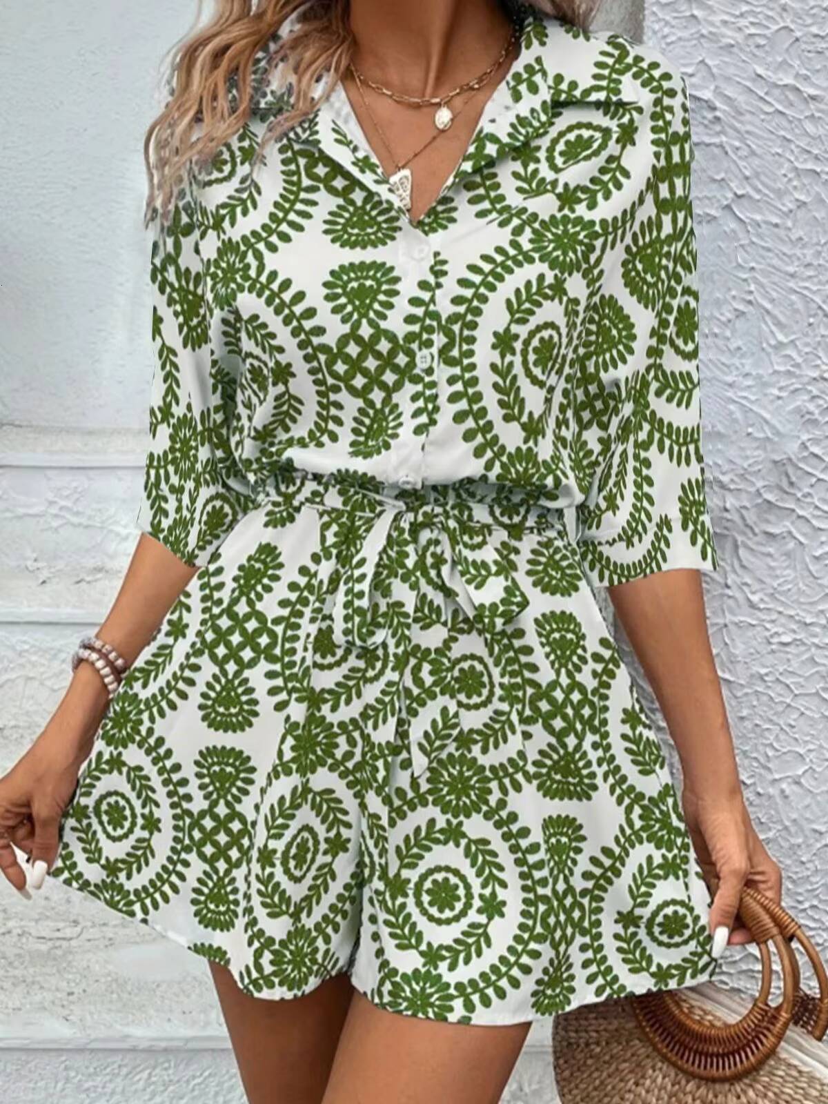 V-neck Button Lace Up Short Sleeved Floral Print Womens Street Fashion Elegant Fresh Style Summer Dress dongdumaoyi