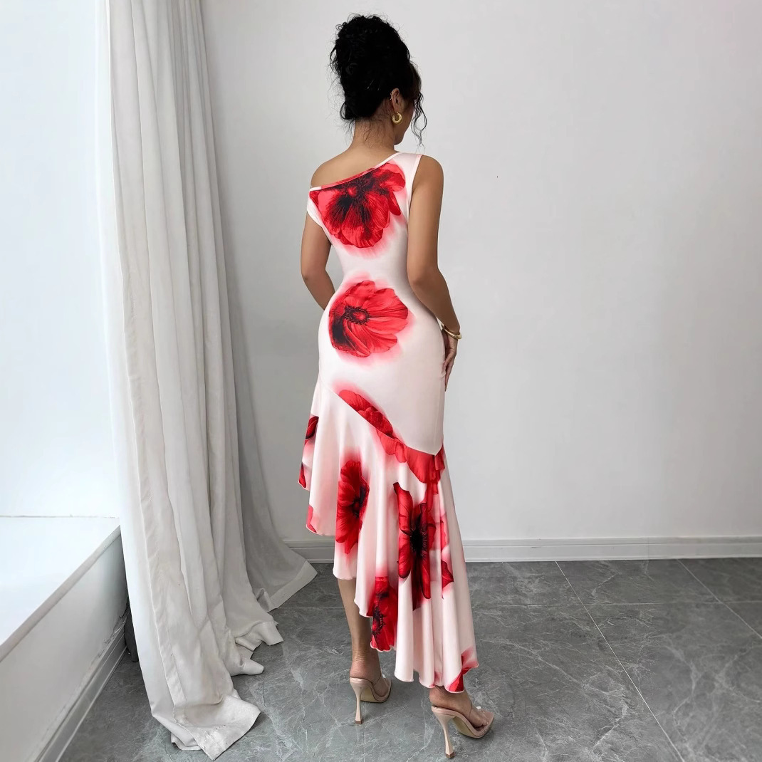 2025 Amazon Hot-Selling Elegant Asymmetric Fit Hibiscus Floral Positioning Print Dress