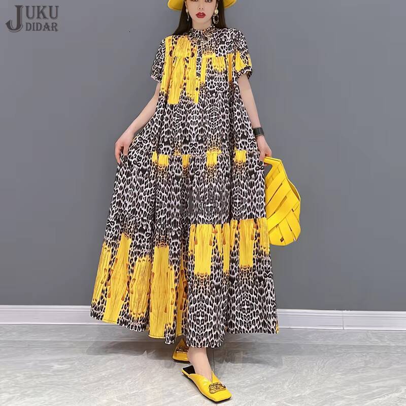 Korean Style Painting Fashion New Woman Summer Casual Loose Fit Yellow Blue Leopard Printed Long Boho Dress Robe JJXD071 dongdumaoyi
