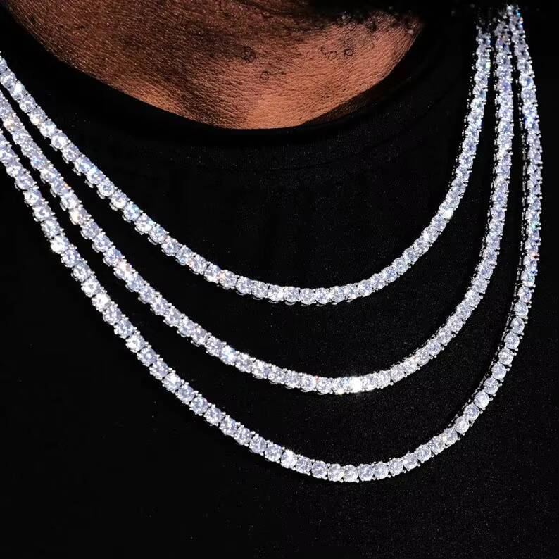 Rinntin MON01 Premium Iced Hip Hop Moissanite Necklace 925 Sterling Silver Iced Cut 2mm 3mm 4mm Moissanite Tennis Chain Necklace