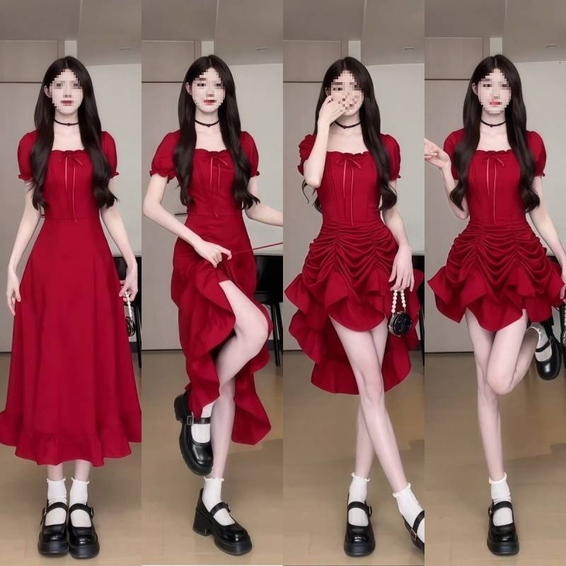 2025 One Dress Four Styles Short Sleeve Waist Slimming Ruffle Long Thin Black Tomato Red Commuting
