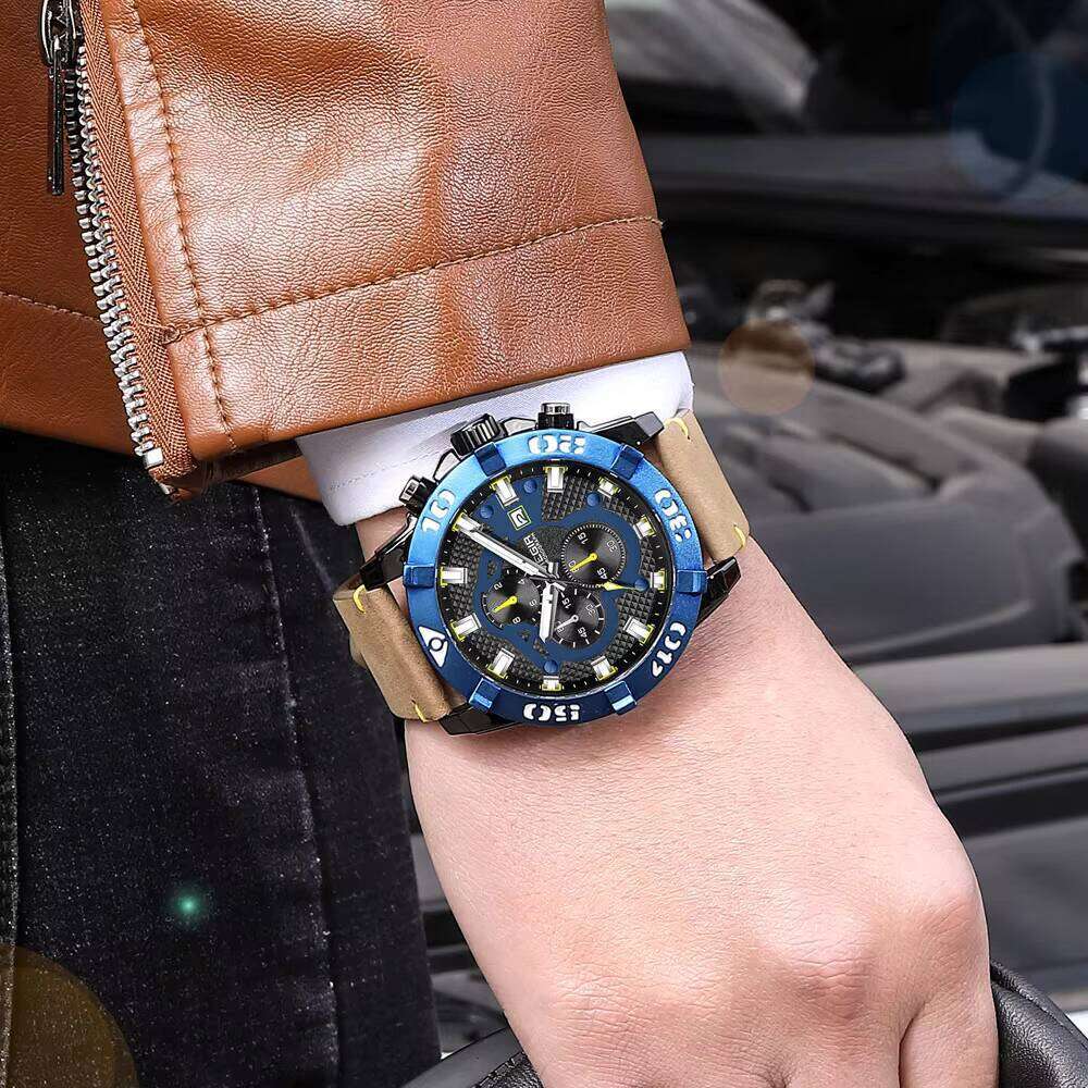 MEGIR 2136 Mens Quartz Solar Watch Big Dial Genuine Leather Band Luxury Sport Style Casual Analog Timepiece