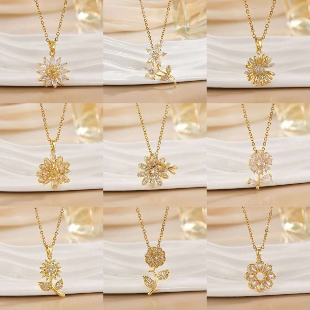 Micro Pave Zircon Flower Design Pendant Necklace For Women, Copper Plated Real Gold, Fashionable And Versatile With A High-End Feel B5f