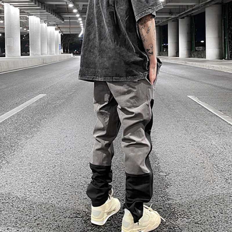 Ankle Zipper Color Block Streetwear Straight Casual Cargo Pants for Men Drawstring Harajuku Oversize Hip Hop Loose Trousers y250716