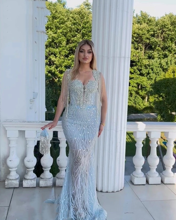 Luxury Mermaid Women Evening Dresses Sweetheart Neck Sleeveless Gown Crystal Tassel Sequins Sweep Train Dress For Party Custom Made