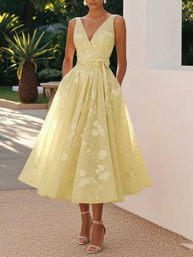 Stylish Temperament Printed Dress Elegant V-neck Mesh Sleeveless Waist Cinched Bow Dress Summer Women Long Dress Formal Dress R250716