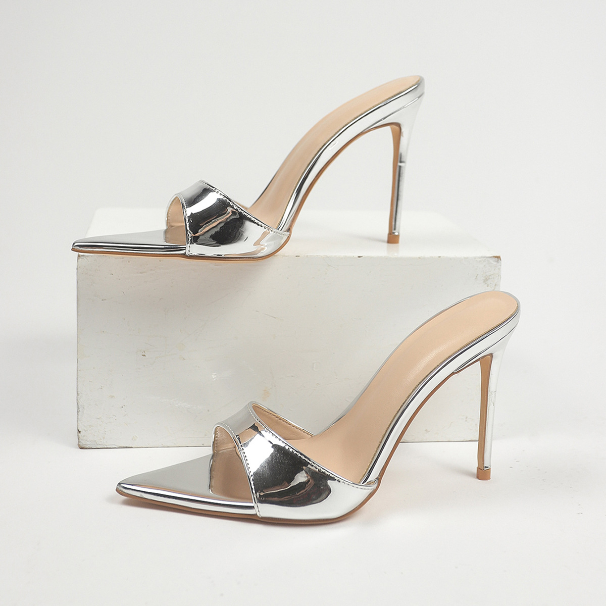Sexy Silver Stiletto Heel Sandals - Minimalist Single Strap Pointed Toe Party Heels for Women