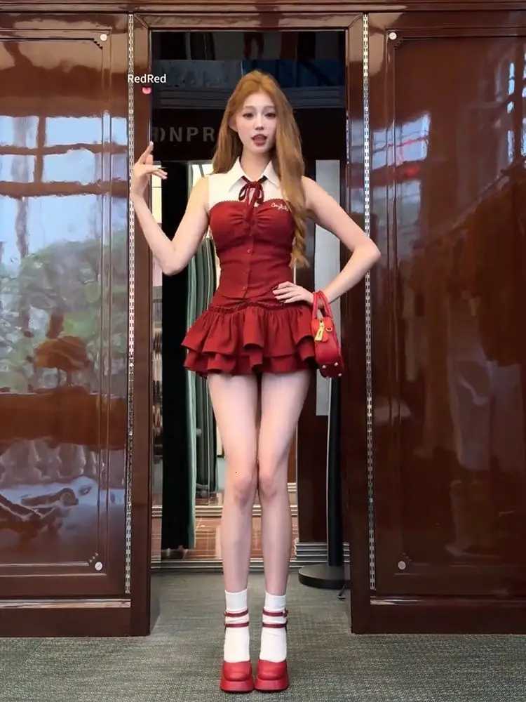 2025 New Spring Kawaii Set Women Red Flared Skirt Set Bow Collar Sexy Chic Stylish Fashion Set Ideal for Party Casual Daily Wear R250716