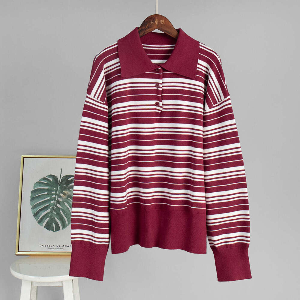 Knitwear Autumn New American Style Color-Block Striped Polo Collar Knit T-Shirt B5