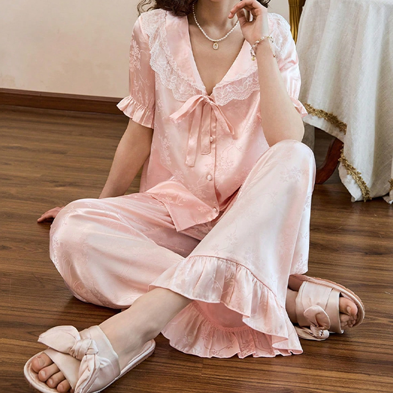2025 New Women's Spring/Summer Silk Satin Lace Trim Bow Short Sleeve Long Pants Pajama Set Homewear