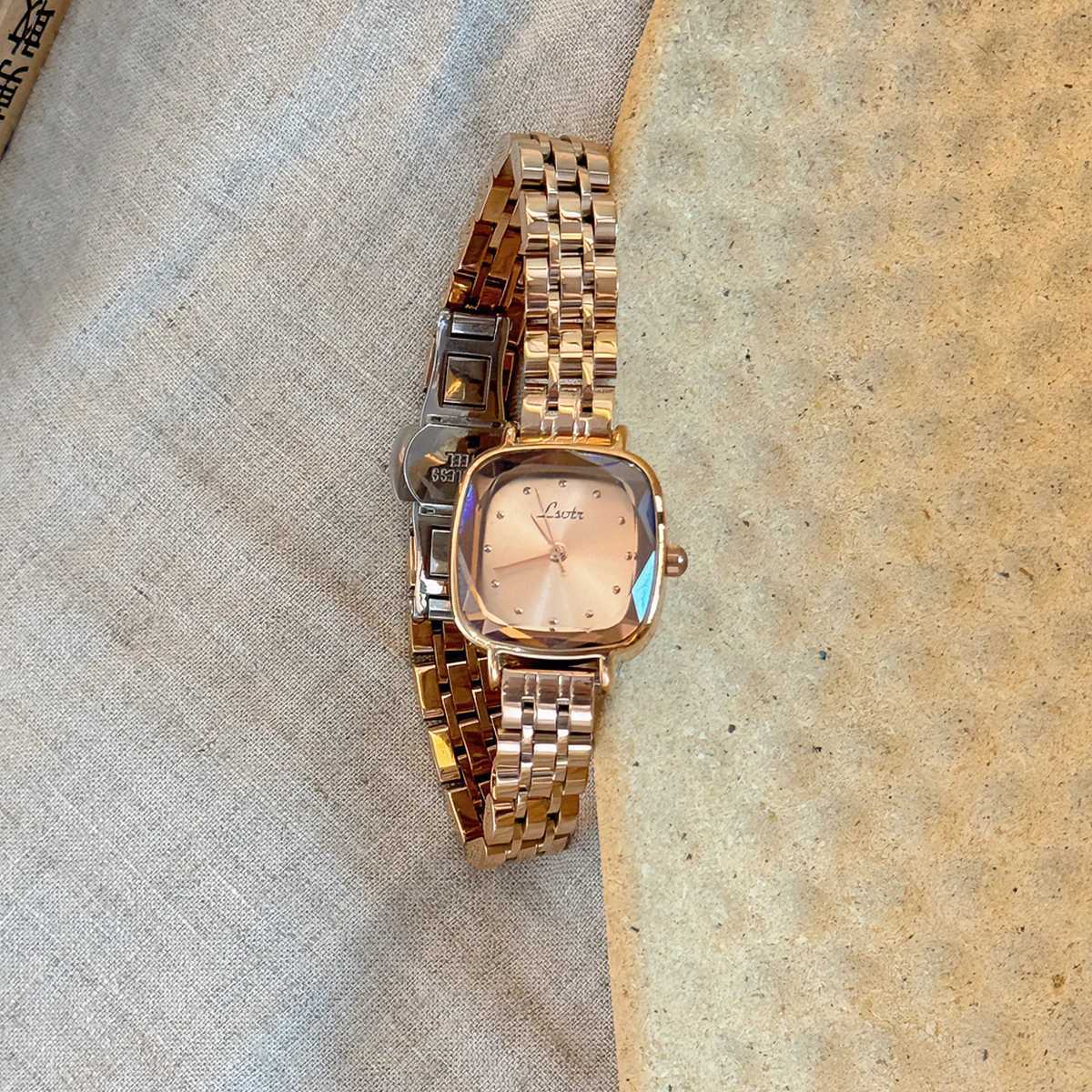 1pc New Arrival Solid Stainless Steel Strap Casual Simple Fashionable Waterproof Mini Square Mens Quartz With Rose Gold Y250715