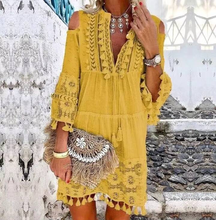 White Lace Fashion Eu Boho Mini Dress Women Autumn Pop Tassel Loose V Neck Dresses Lady Beach Female Clothing dongdumaoyi