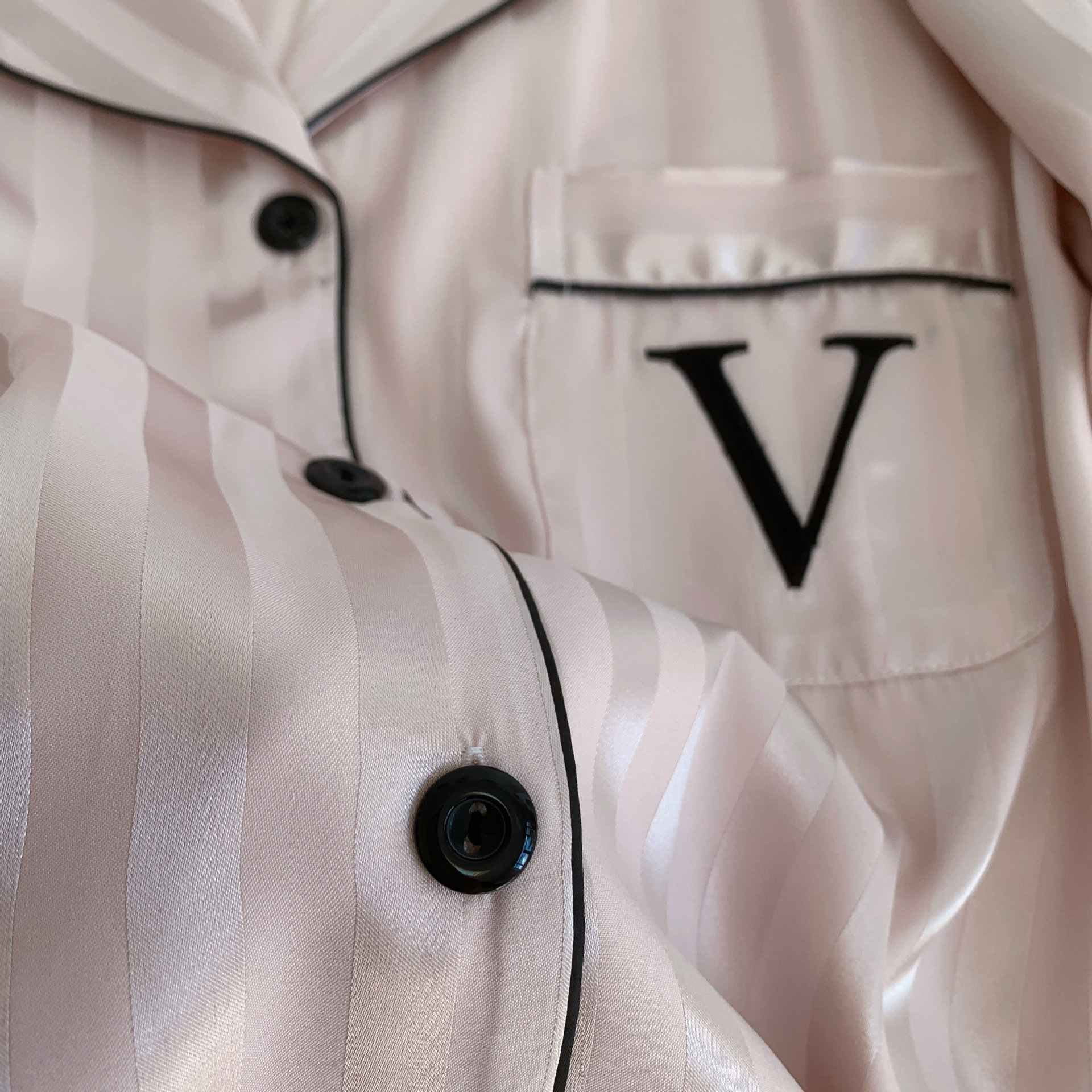 Home Clothing Striped Embroidered Letter Pocket Short Sleeve And Shorts Pajama Set Casual Satin Sleepwear With Lapel Collar Button Detail