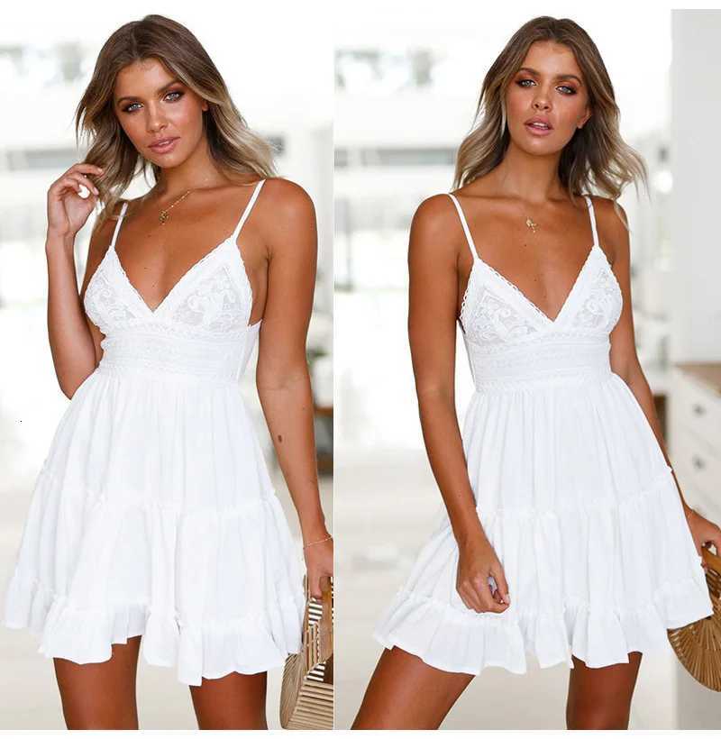 Female New Summer Fashionable Solid Color Dress Sexy Lace Strap Elegant Dresses Splicing Womens Seaside Vacation Wear R250716