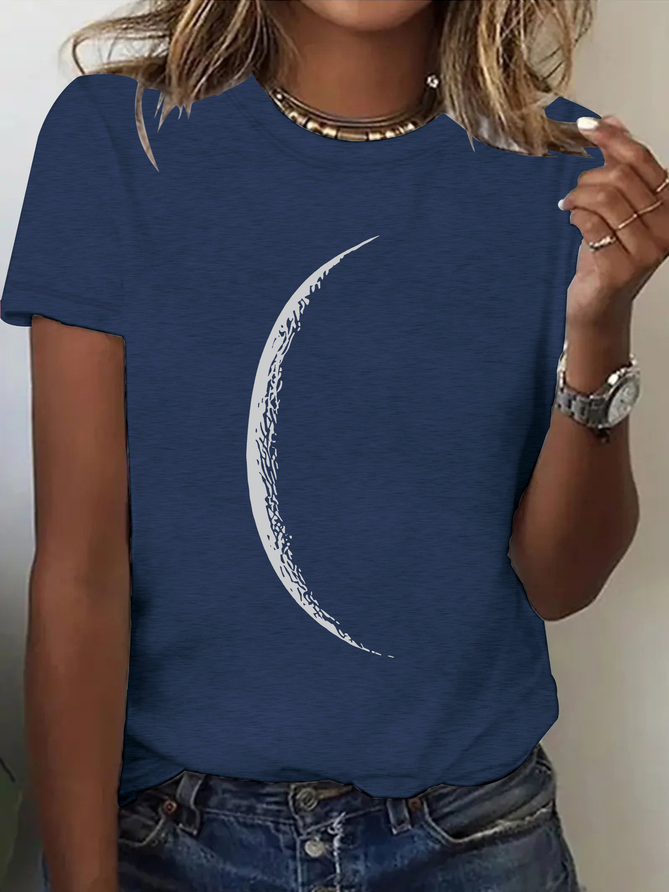 Round Neck Top Women Summer High-end Moon Pattern Print T-shirt Loose Short Sleeve