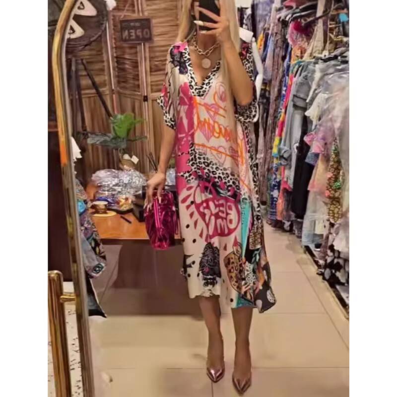 Women Casual Deep V Neck Loose Long Summer Half Sleeve Pullover Leopard Vestidos Colorful Print A-Line Party Dress dongdumaoyi